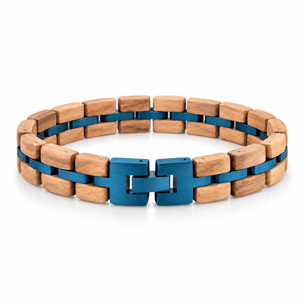 Packshot studio bracelet Geoffroy Beige et bleu, vue de face sur fond blanc — 8 octobre 2026
