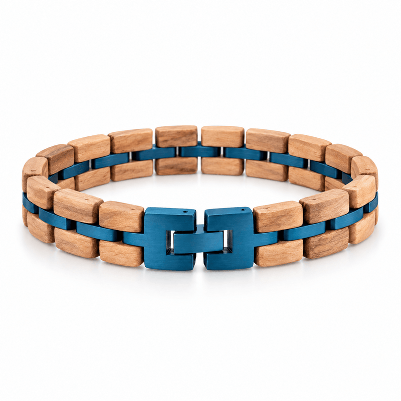 Packshot studio bracelet Geoffroy Beige et bleu, vue de face sur fond blanc — 8 octobre 2026