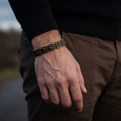 Walnut wood bracelet for men, with bold dark tones, Achille model