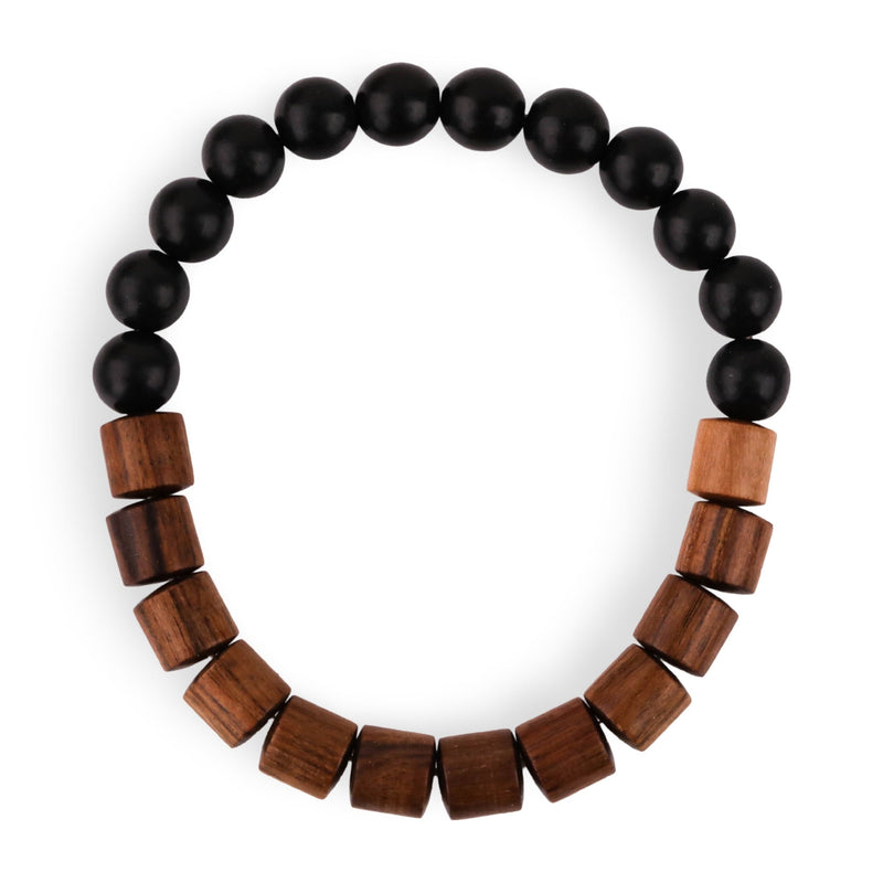 Bracelet mixte en perles rondes noires et cubes en bois marron de palissandre et ébène noir.