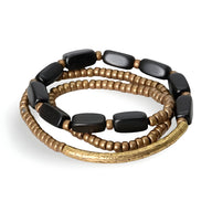 Bracelet femme en bois d'ébène noir rectangulaire et perles cuivre avec partie tubulaire en cuivre texturé.