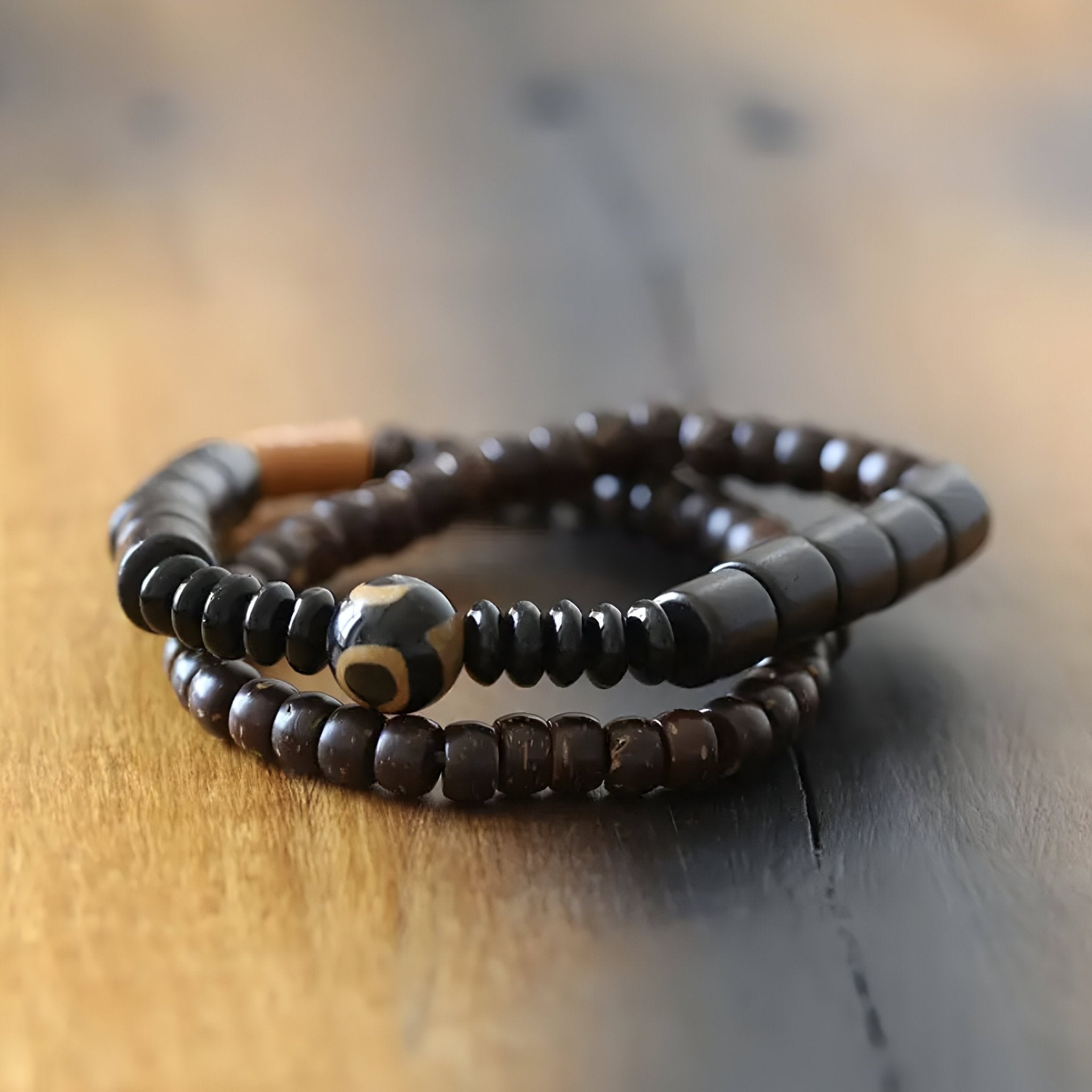 Bracelet en bois d'ébène noir et obsidienne, look naturel, mixte, modèle Eldin - La Boutique du Bracelet