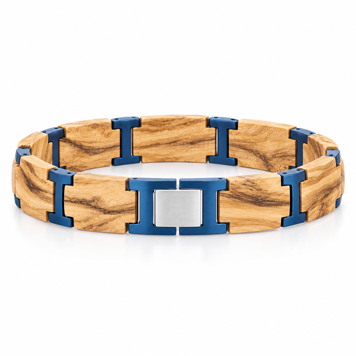 Packshot studio bracelet Jérémy Beige et bleu, vue de face sur fond blanc — 8 octobre 2026