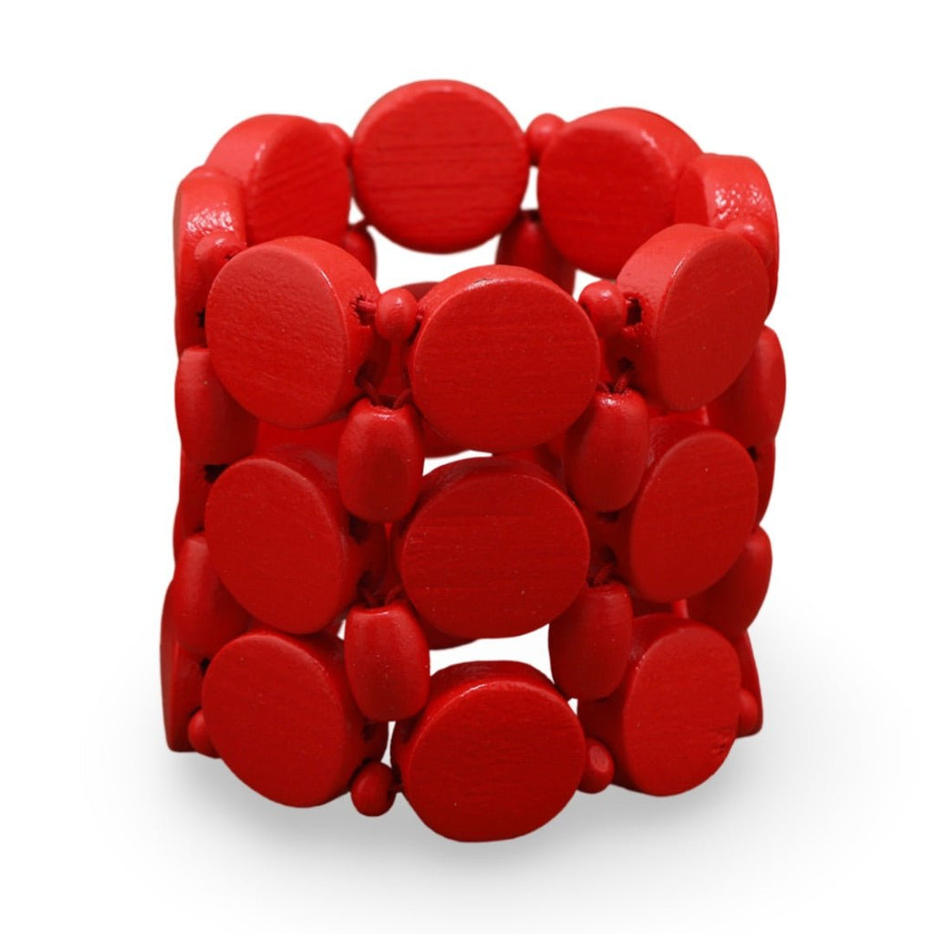 Bracelet femme en bois naturel peint en rouge, composé de larges perles ovales et rondes reliées par cordons.
