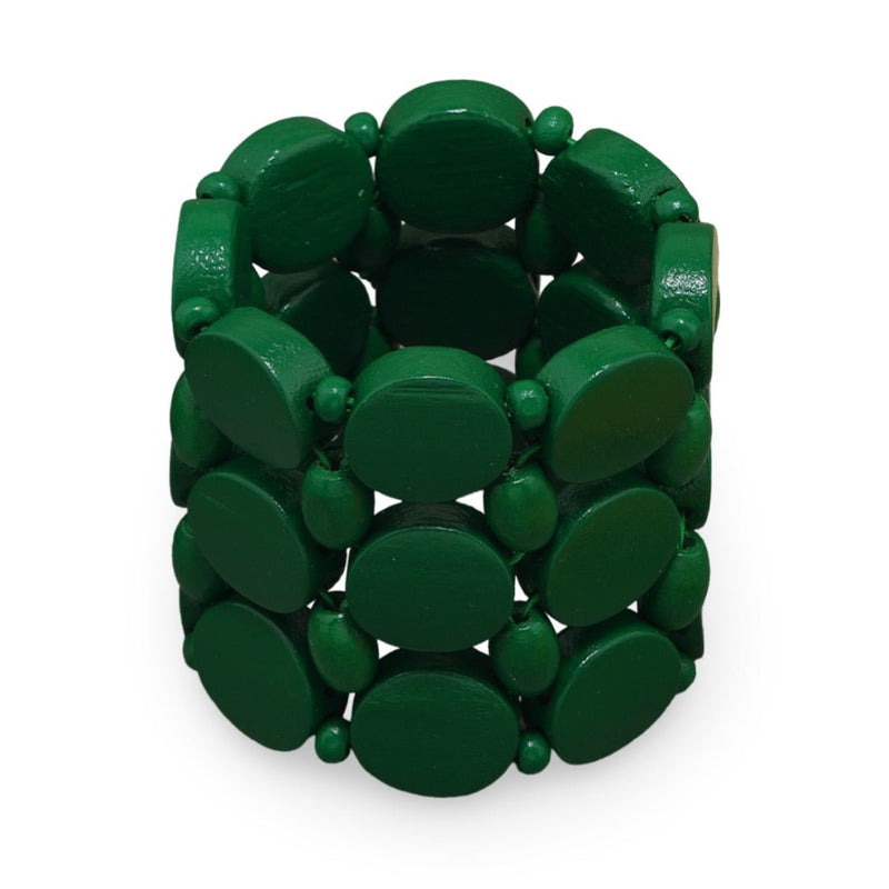 Bracelet femme en bois naturel teinté vert, design original à larges maillons arrondis.