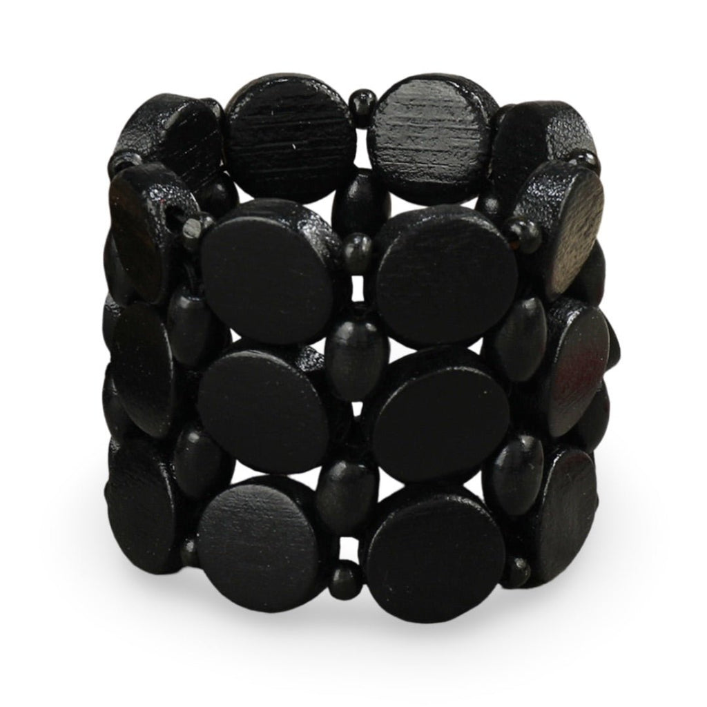 Bracelet femme en bois naturel noir avec larges perles rondes et monture élastique.
