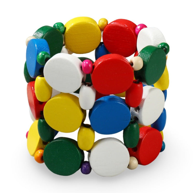 Bracelet femme en bois multicolore avec perles rondes et forme originale.