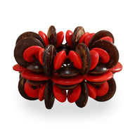 Bracelet femme en bois naturel, perles plates rondes alternant marron foncé et rouge vif, style audacieux Terrra.