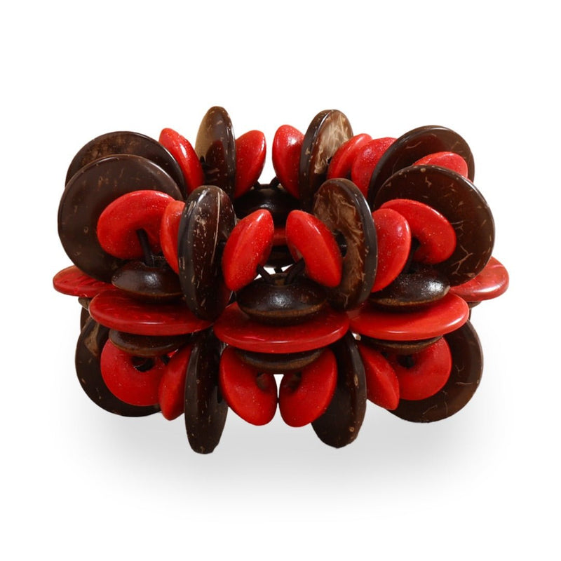 Bracelet femme en bois naturel, perles plates rondes alternant marron foncé et rouge vif, style audacieux Terrra.