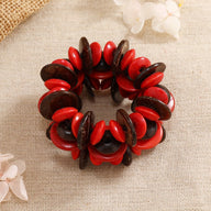 Bracelet femme en bois naturel, motif rond alternant perles café et rouge, style Terra.