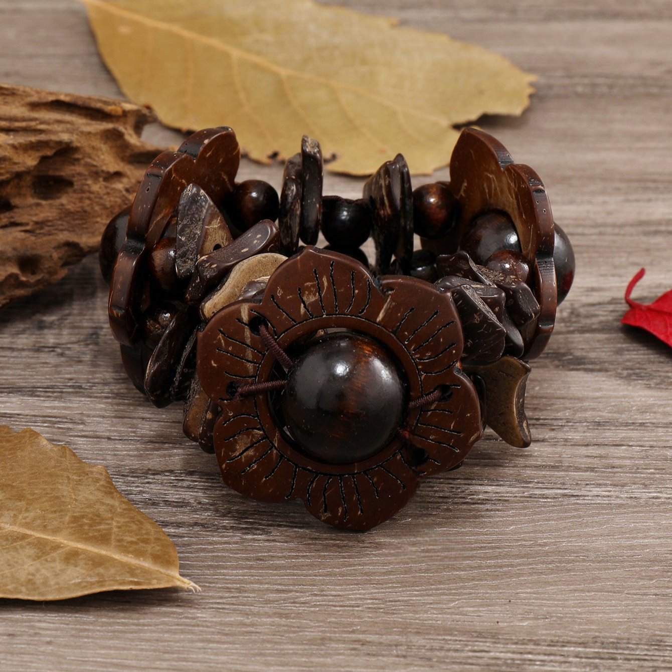 Bracelet en bois naturel, aux fleurs apparentes, pour femme, modèle Trila - La Boutique du Bracelet