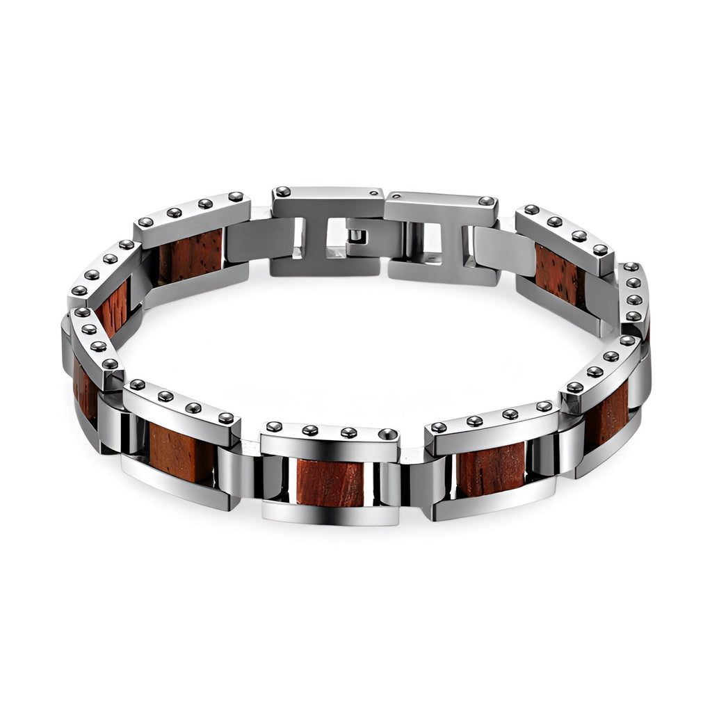 Bracelet homme en acier inoxydable et inserts en bois marron, design moderne et robuste.