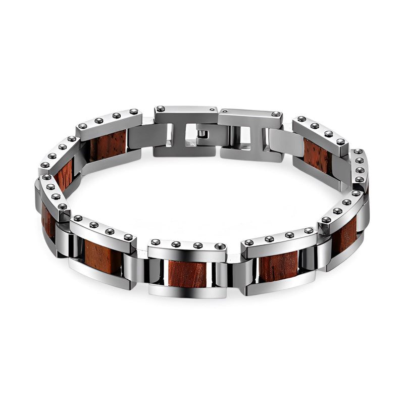 Bracelet homme en acier inoxydable et inserts en bois marron, design moderne et robuste.