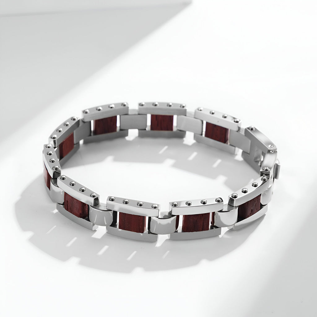 Bracelet homme marron en bois et acier inoxydable, design links rectangulaires, fermoir discret.