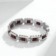 Bracelet homme marron en bois et acier inoxydable, design links rectangulaires, fermoir discret.