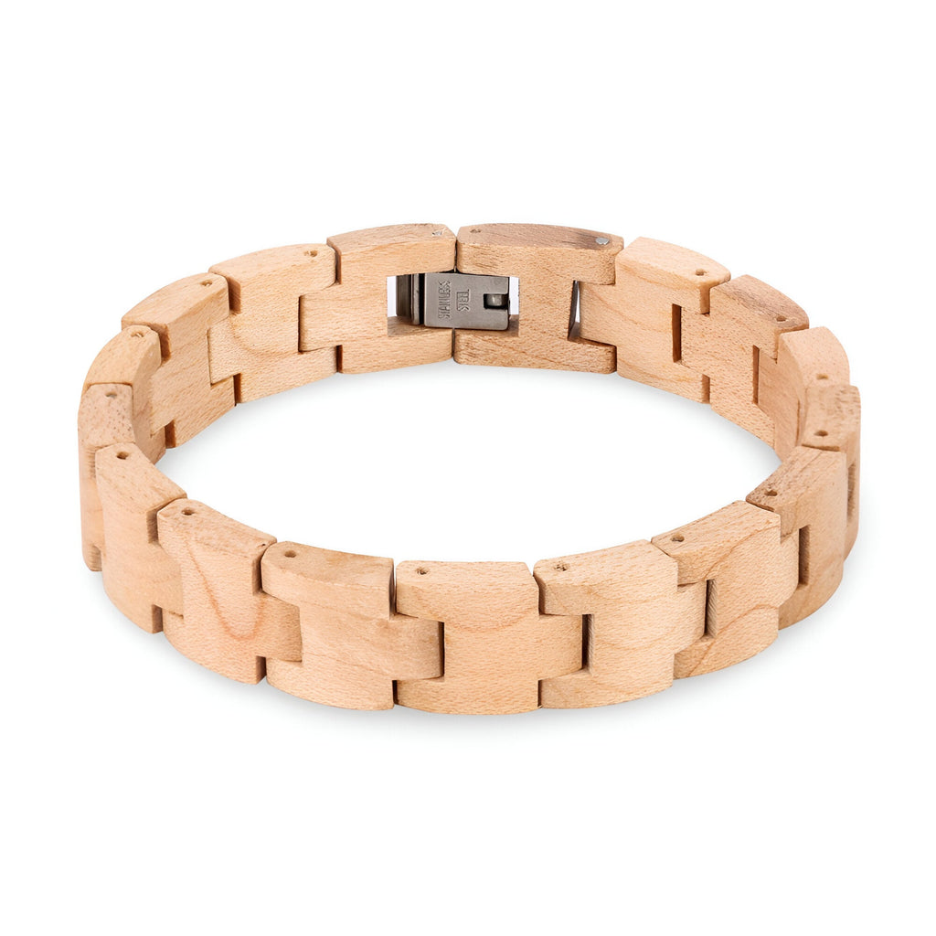 Bracelet homme en bois d'érable clair, maillons rectangulaires et fermoir métallique argenté.