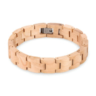 Bracelet homme en bois d'érable clair, maillons rectangulaires et fermoir métallique argenté.