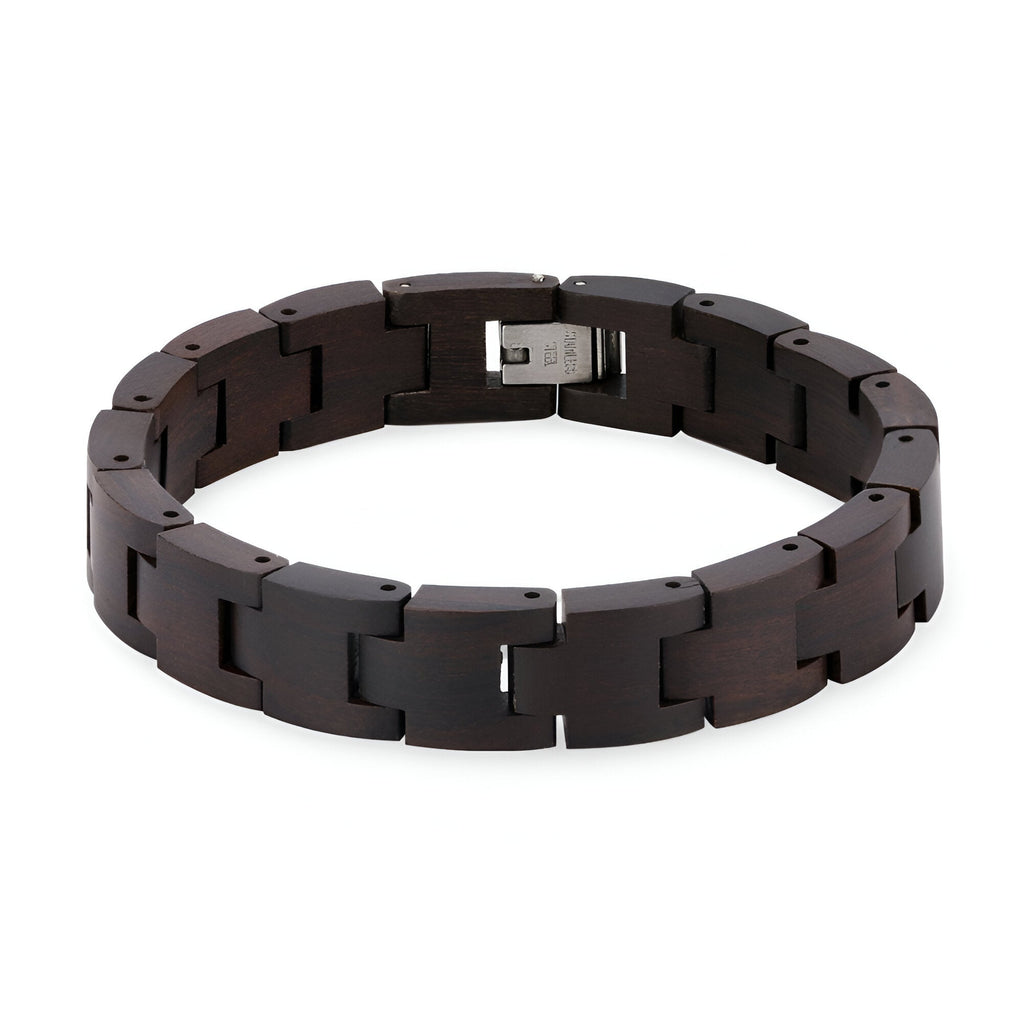 Bracelet en bois d’ébène pour homme avec maillons larges et fermoir métallique argenté.