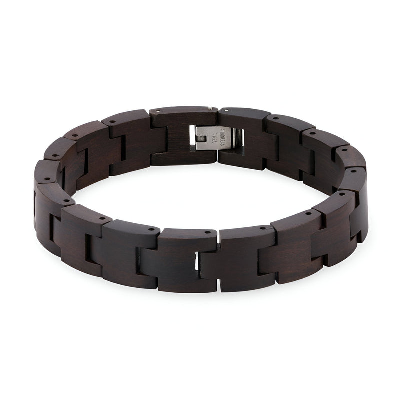 Bracelet en bois d’ébène pour homme avec maillons larges et fermoir métallique argenté.