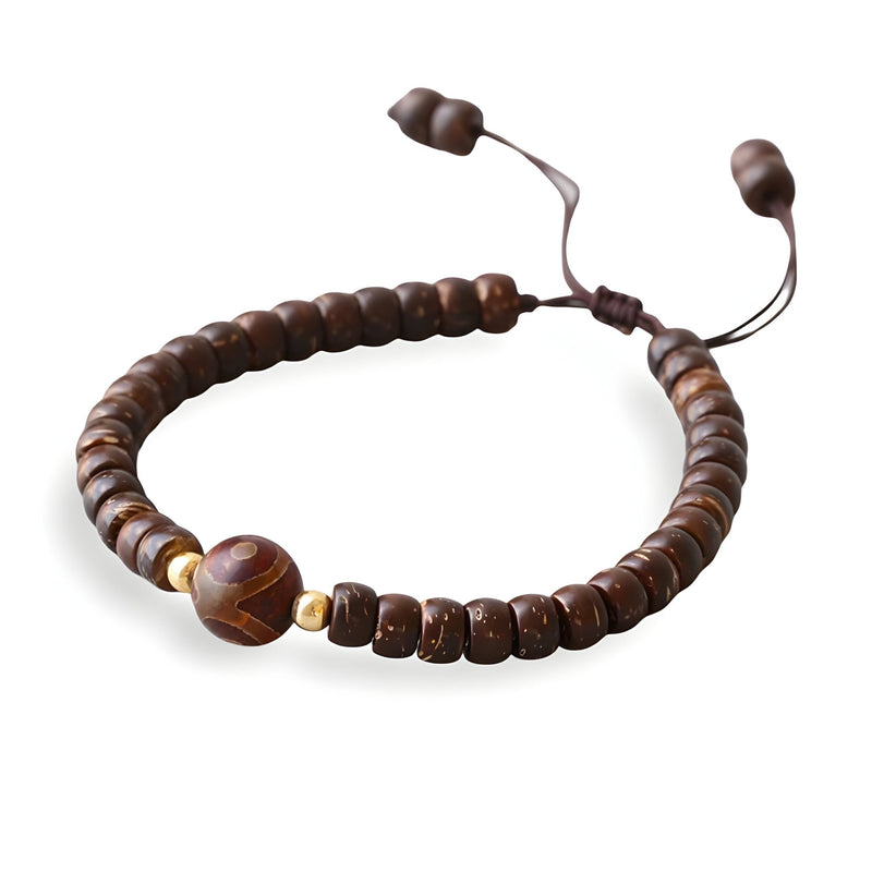 Bracelet mixte en coquilles de noix de coco marron avec pierre d'agate ronde et perles dorées ajustable.