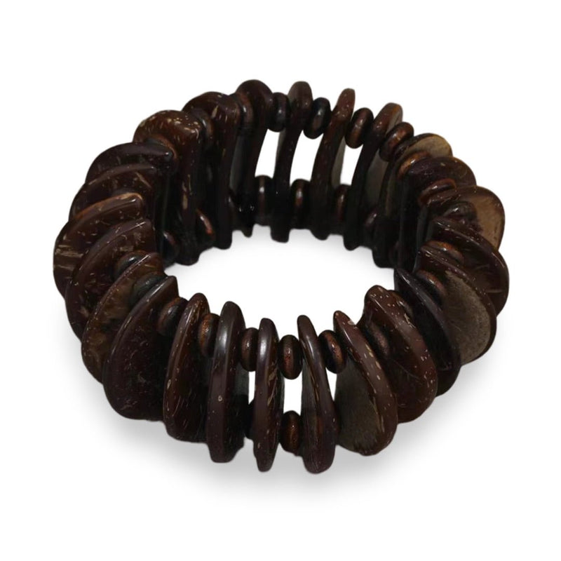 Bracelet extensible en noix de coco brun foncé avec perles plates et forme ronde vintage.