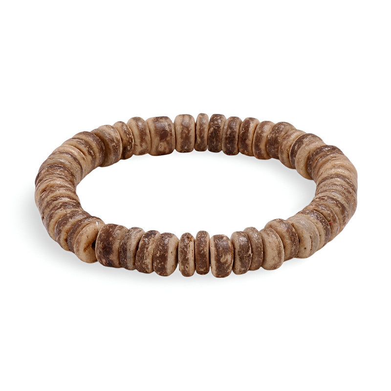 Bracelet mixte en coquilles de noix de coco marron, perles rondes et plates, style naturel.