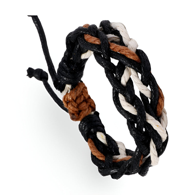 Bracelet femme en corde entrelacée noire, marron et beige avec noeud coulissant.