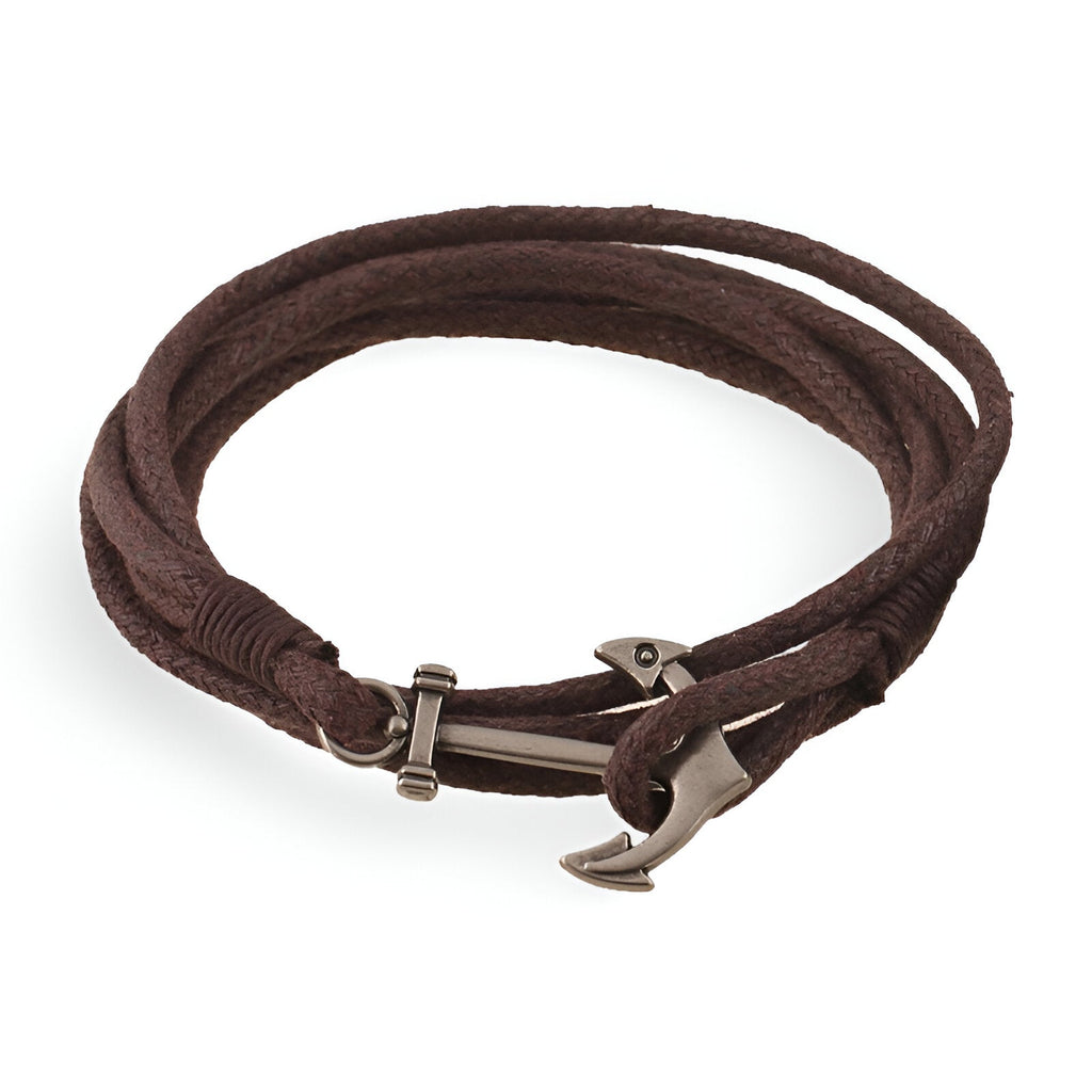 Bracelet en corde café avec motif ancre en métal pour femme modèle Lorianne.
