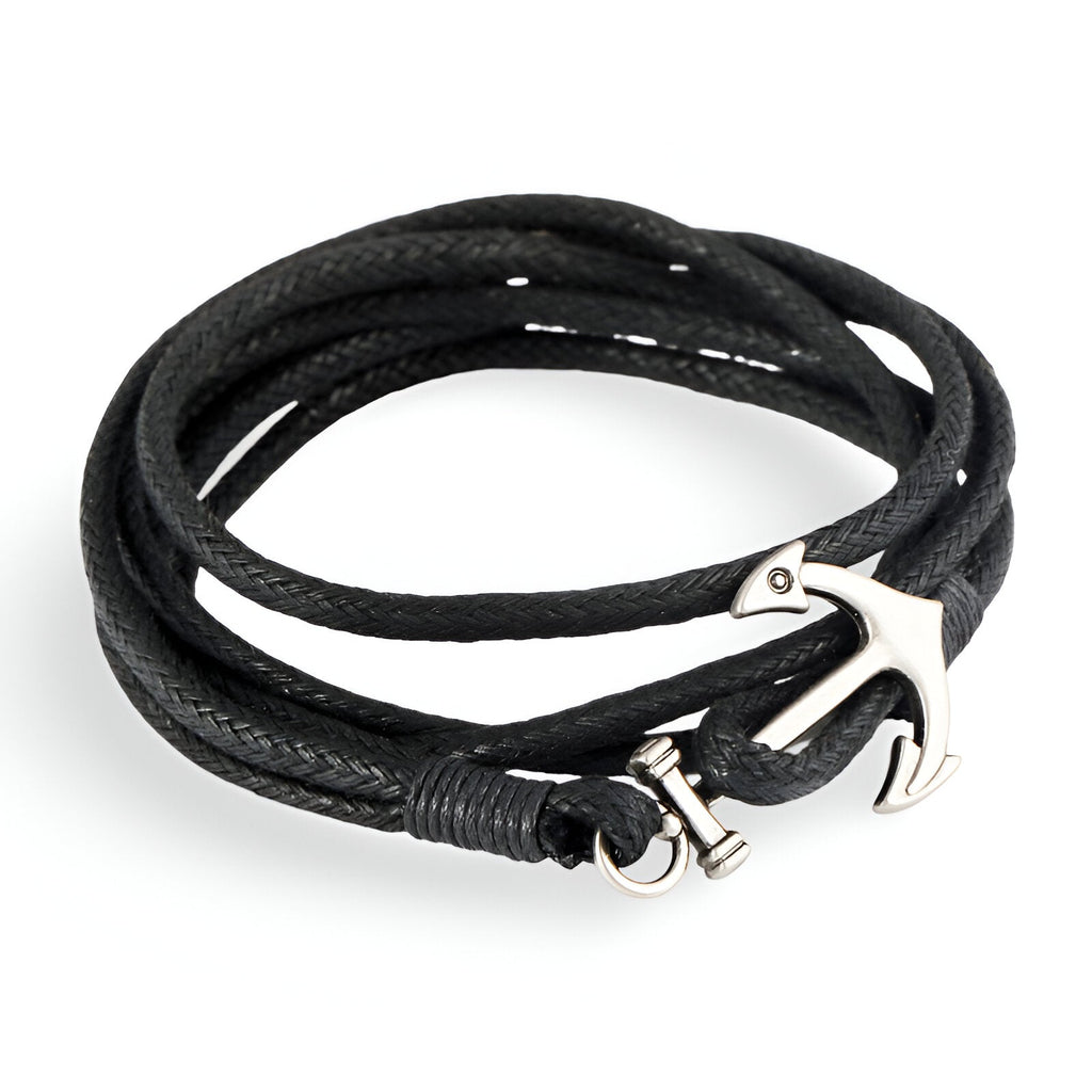 Bracelet en corde noire avec fermoir ancre argentée, style marin et élégant pour femme.