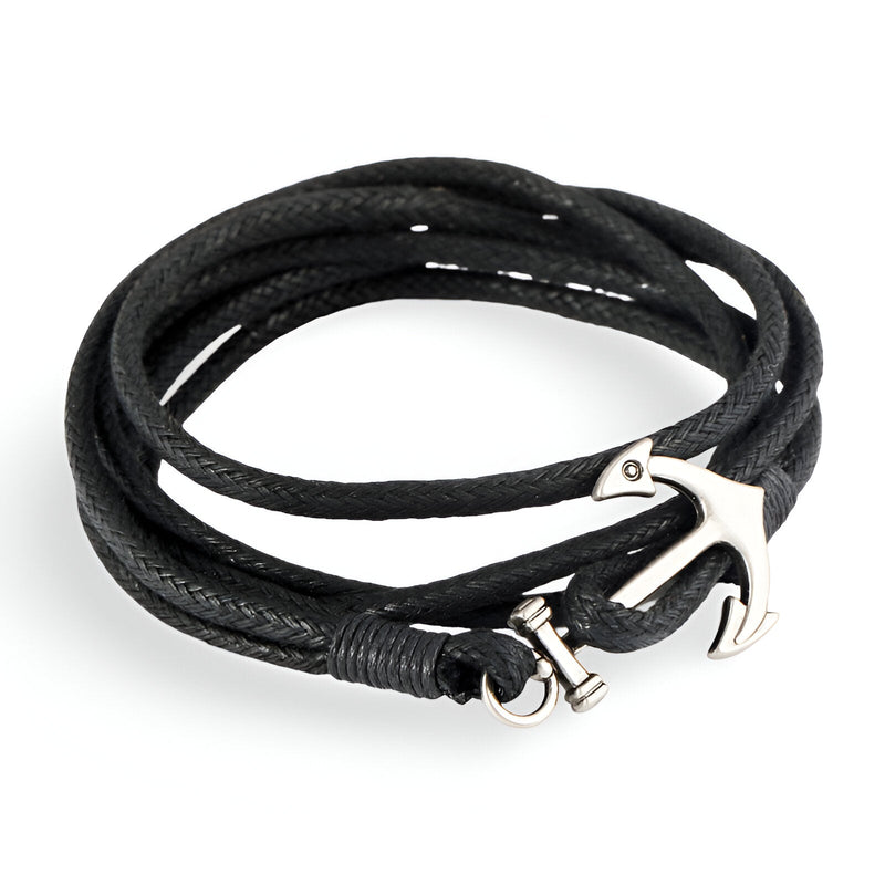 Bracelet en corde noire avec fermoir ancre argentée, style marin et élégant pour femme.