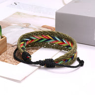 Bracelet en corde tressée vert avec fils colorés, style mixte, fermeture ajustable en nœud.