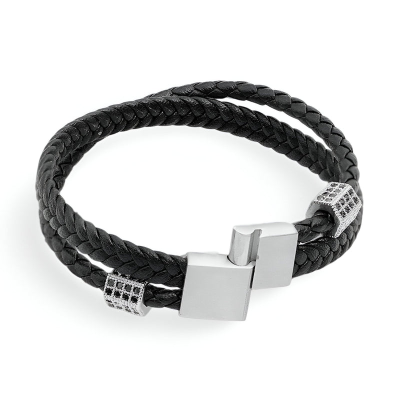 Bracelet homme en corde noire tressée à double tour avec fermoir argenté moderne.