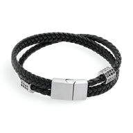 Bracelet homme en corde tressée noire à double tour avec fermoir et détails en métal argenté.