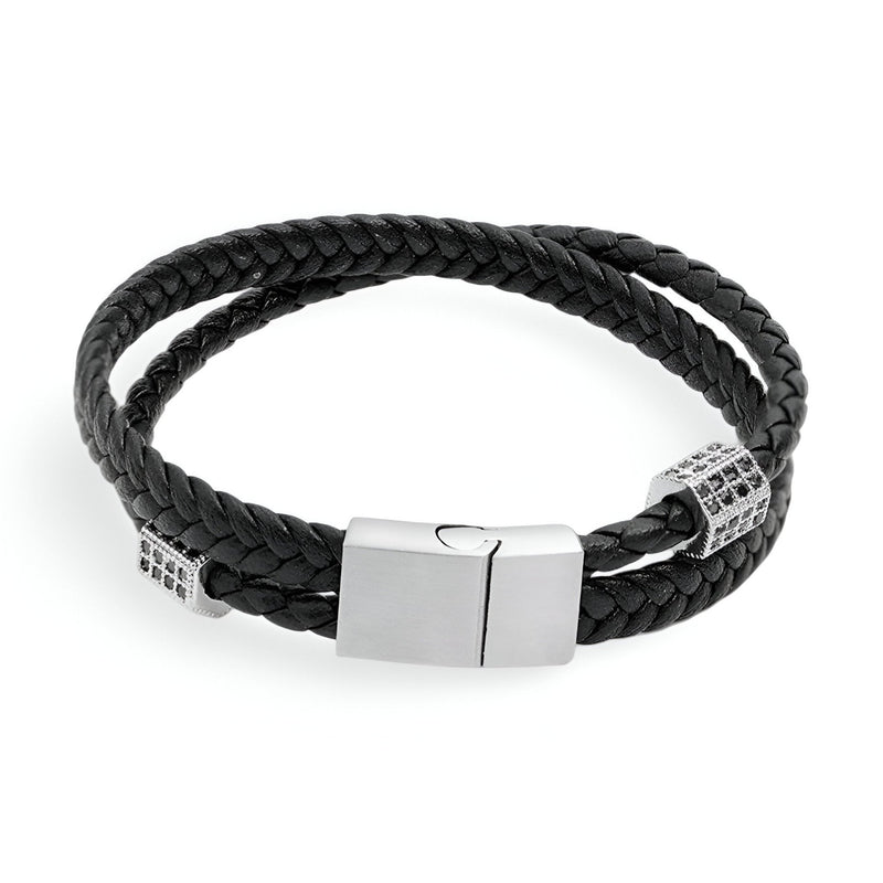 Bracelet homme en corde tressée noire à double tour avec fermoir et détails en métal argenté.