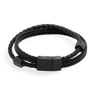 Bracelet homme en corde tressée noire à enrouler avec fermoir métallique noir mat.
