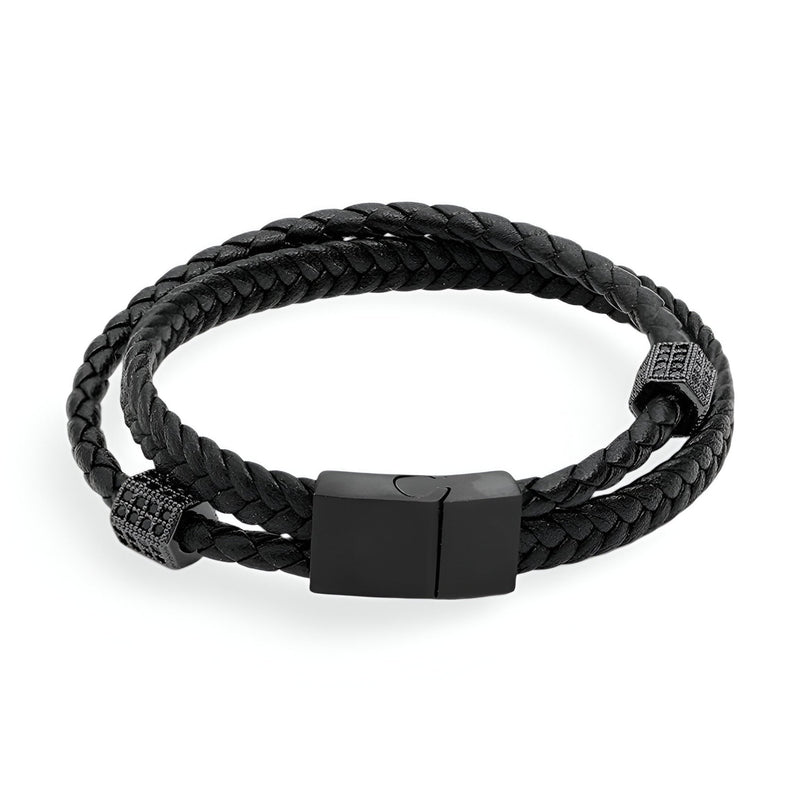 Bracelet homme en corde tressée noire à enrouler avec fermoir métallique noir mat.