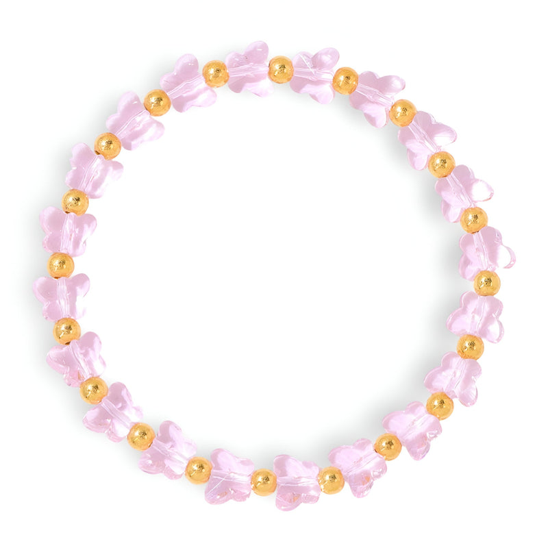 Bracelet élastique rose avec papillons en cristal et perles dorées brillantes.