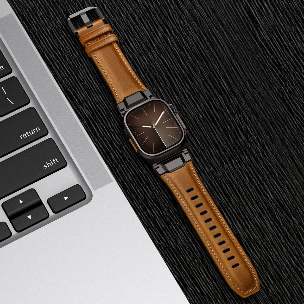 Bracelet en cuir marron clair avec surpiqûres, pour Apple Watch, fermoir à boucle métallique noire, style technique et.