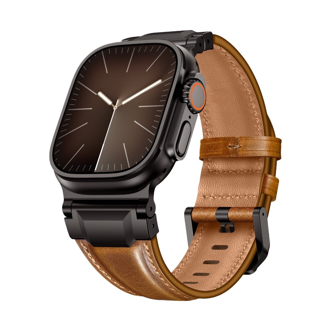 Bracelet en cuir marron clair au fini lisse avec boucles et attaches noires, style moderne ajustable pour Apple Watch.