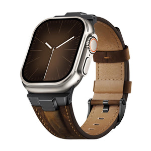 Bracelet en cuir marron technique avec surpiqûres, boucle noire, pour Apple Watch carrée.