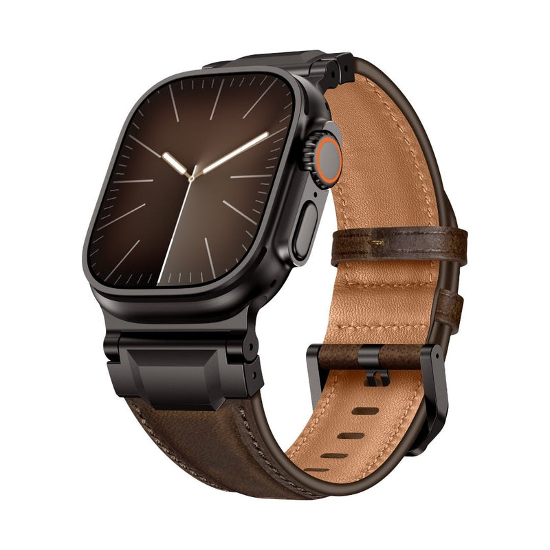 Bracelet en cuir marron foncé avec coutures visibles, boucle noire ajustable pour Apple Watch.