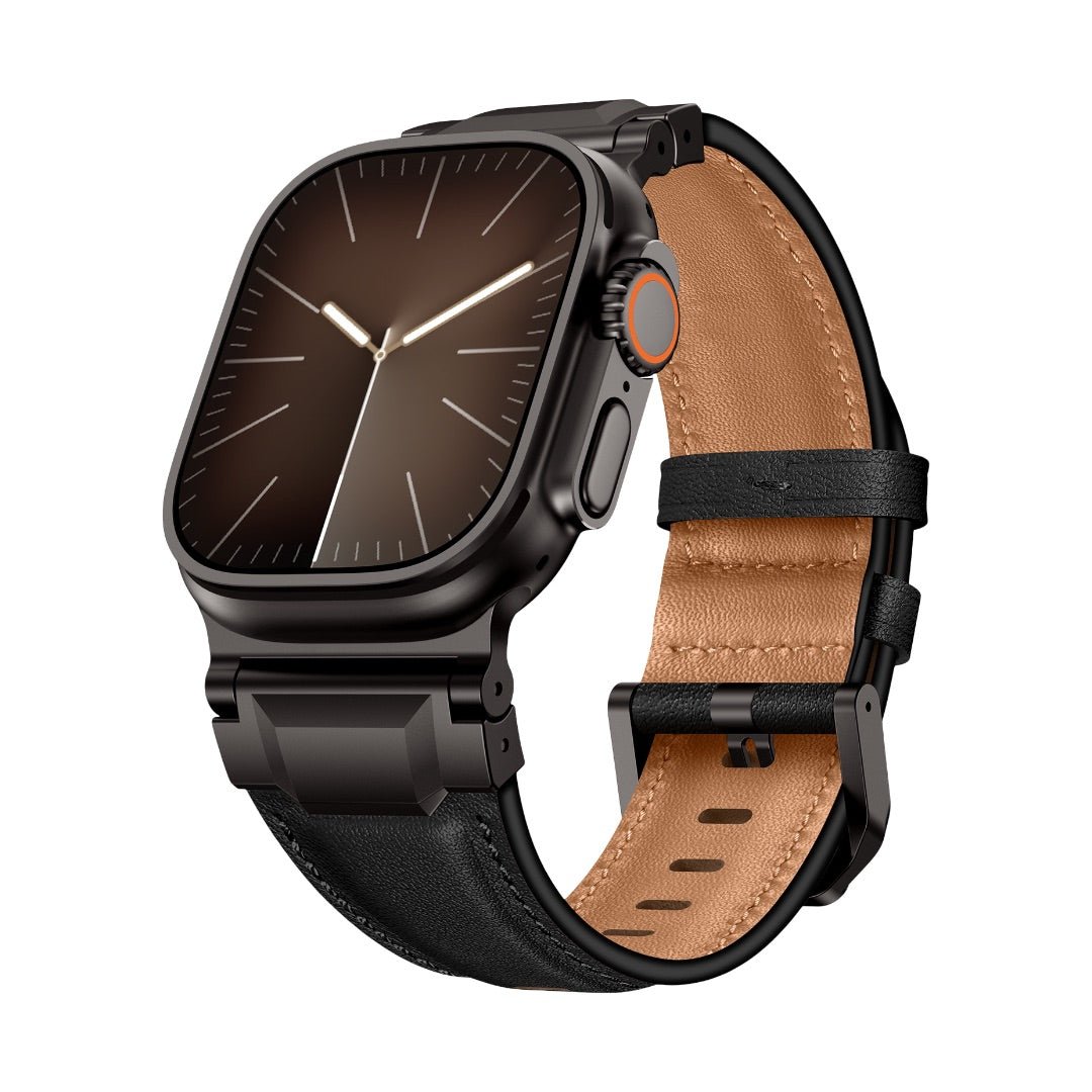 Bracelet en cuir noir avec coutures apparentes, doublure cuir marron clair, boucle noire ajustable, style moderne pour Apple