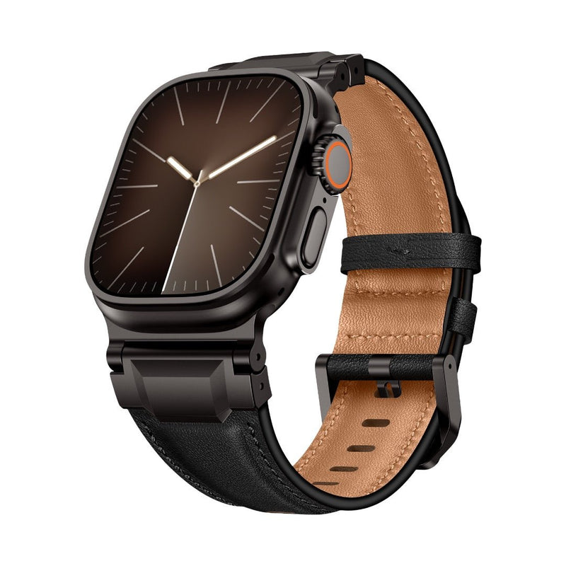 Bracelet en cuir noir avec coutures apparentes, doublure cuir marron clair, boucle noire ajustable, style moderne pour Apple