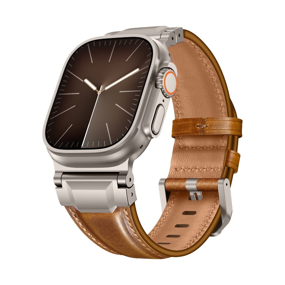 Bracelet en cuir marron clair, finition lisse, style moderne et technique, pour Apple Watch, boucle métallique ajustable.