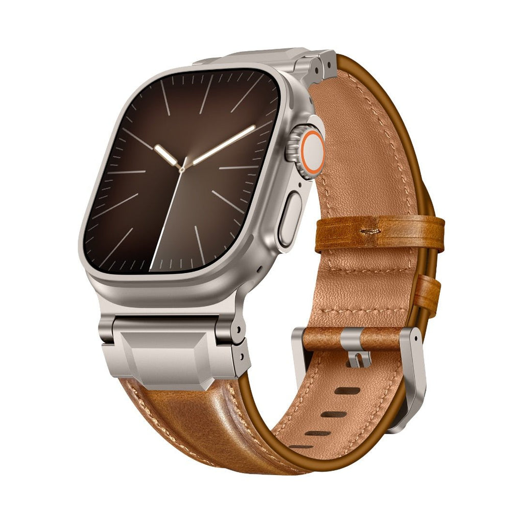 Bracelet en cuir marron clair, finition lisse, style moderne et technique, pour Apple Watch, boucle métallique ajustable.