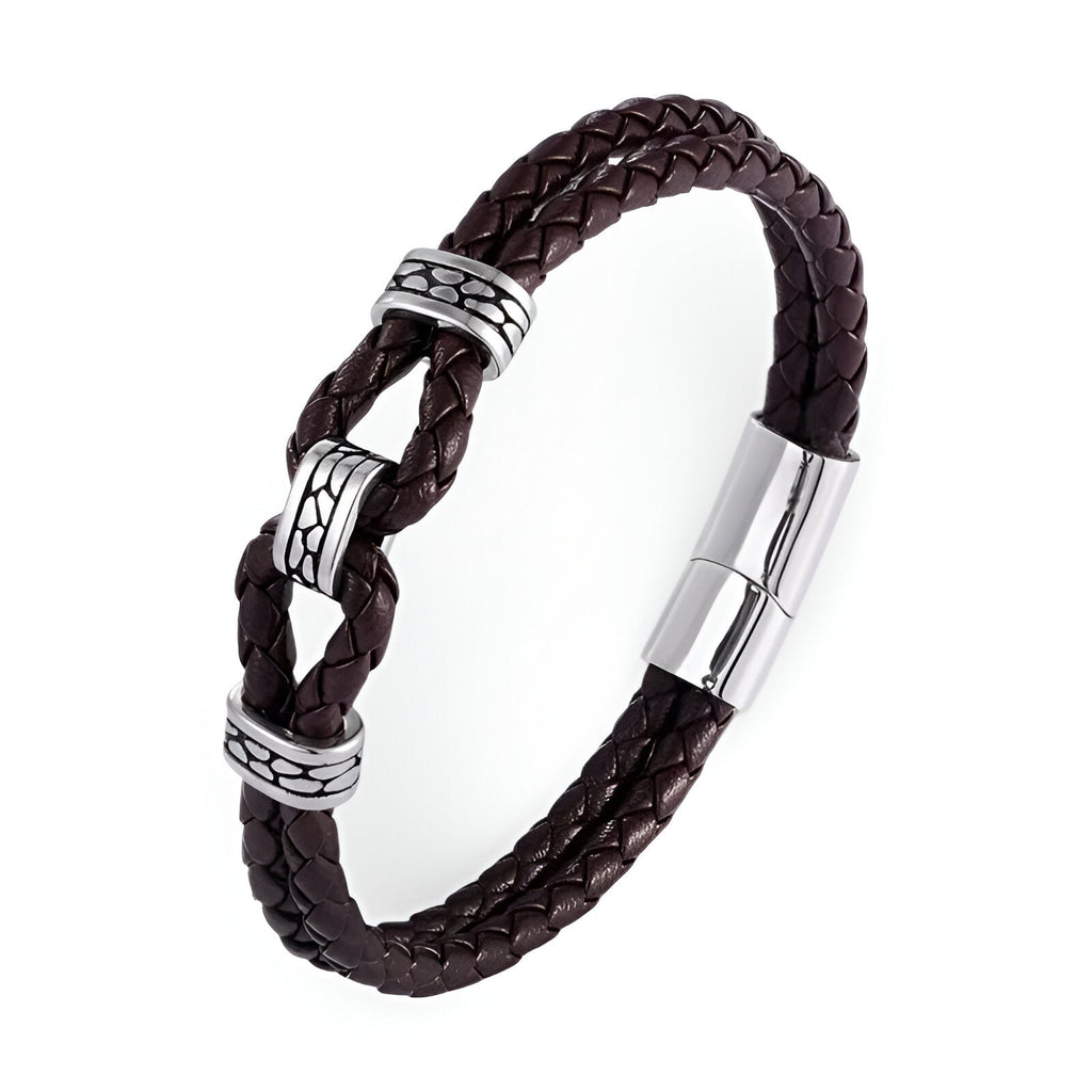 Bracelet homme en cuir tressé marron avec nœud et fermoir magnétique en acier inoxydable.