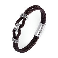 Bracelet homme en cuir tressé marron avec nœud et fermoir magnétique en acier inoxydable.
