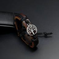 Bracelet en cuir marron et noir avec pendentif arbre de vie en métal argenté, modèle Addison.