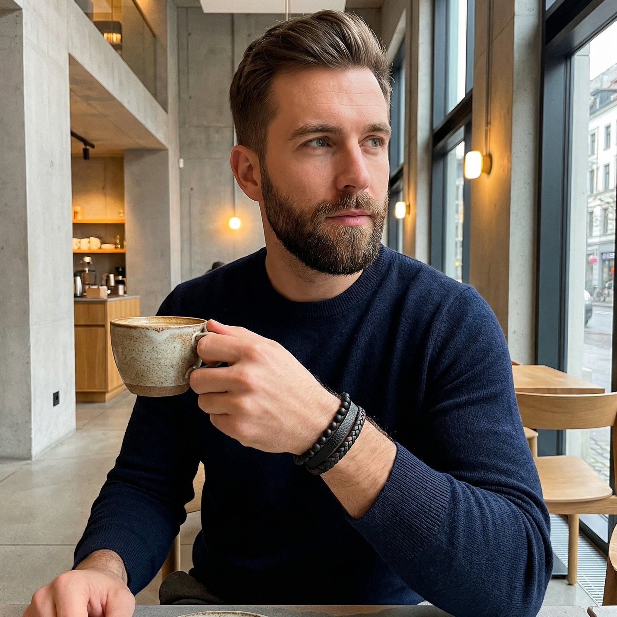 Bracelet en cuir, avec pierres volcaniques naturelles, modèle Jules