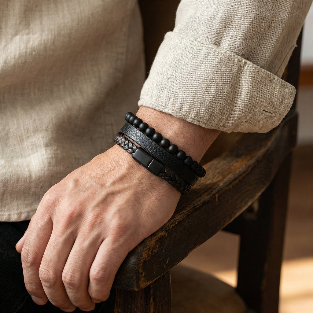 Bracelet en cuir, avec pierres volcaniques naturelles, modèle Jules